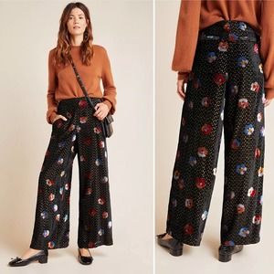 Anthropologie Eva Franco Pasquette Velvet Wide Leg Pants Floral Shimmer Sz 6